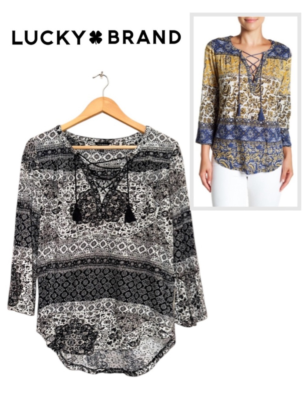 LUCKY BRAND 3/4 Sleeve Lace Up Top Black White Tassel Knit Boho Whimsical Wmn S